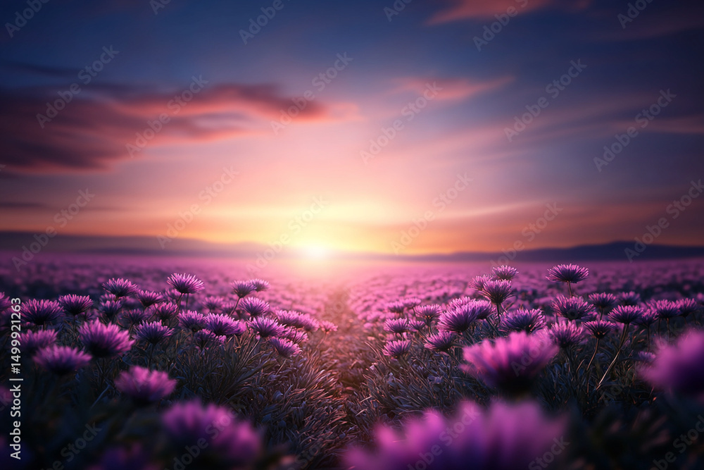 Fototapeta premium Glowing pathway among vibrant flowers under a twilight sky at dusk