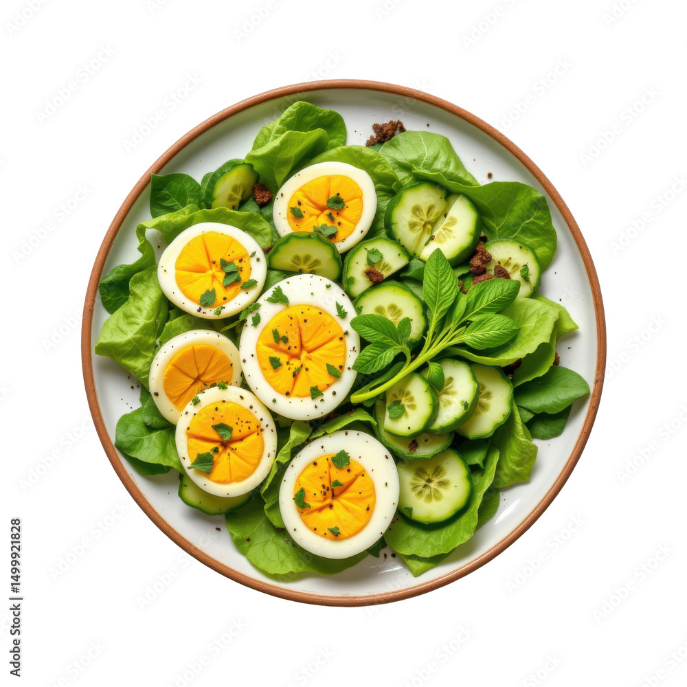 minimalist plate of avocado and boiled egg salad with cucumber ribbons and herb garnish, fitness meal prep, on transparent background minimalist plate of avocado and boiled egg salad with cucumber ribbons and herb garnish, fitness meal prep, on transparent background
