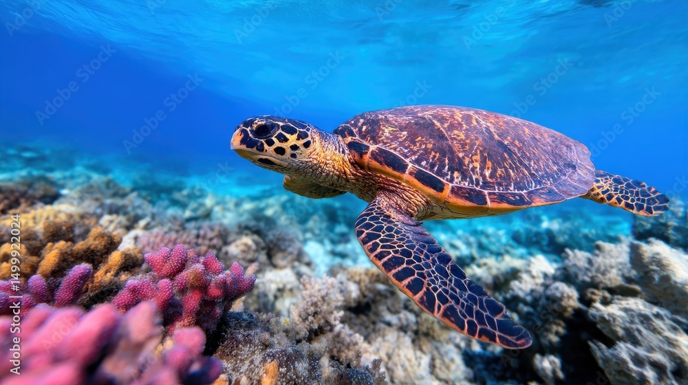 Obraz premium A vibrant sea turtle gliding gracefully through colorful coral reefs in a clear ocean