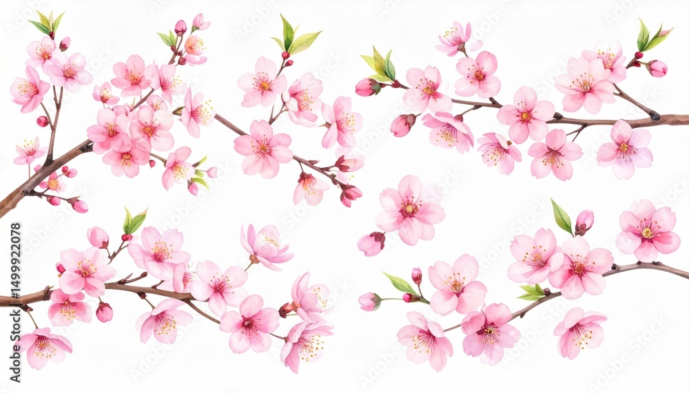 Fototapeta premium Watercolor cherry blossoms branches in pale pink, ink-style delicate branches