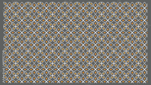 Geometric floral pattern design with white lines and orange details over a gray background.