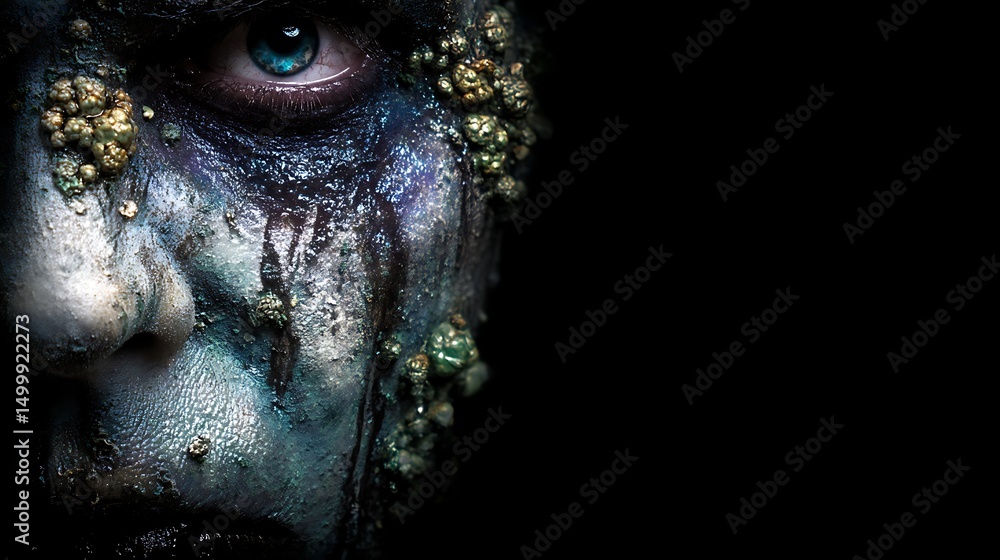 Close-Up Portrait of a Mysterious Face with Artistic Blue and Gold Textured Makeup and Dramatic Lighting. Close-Up Portrait of a Mysterious Face with Artistic Blue and Gold Textured Makeup and Dramatic Lighting.