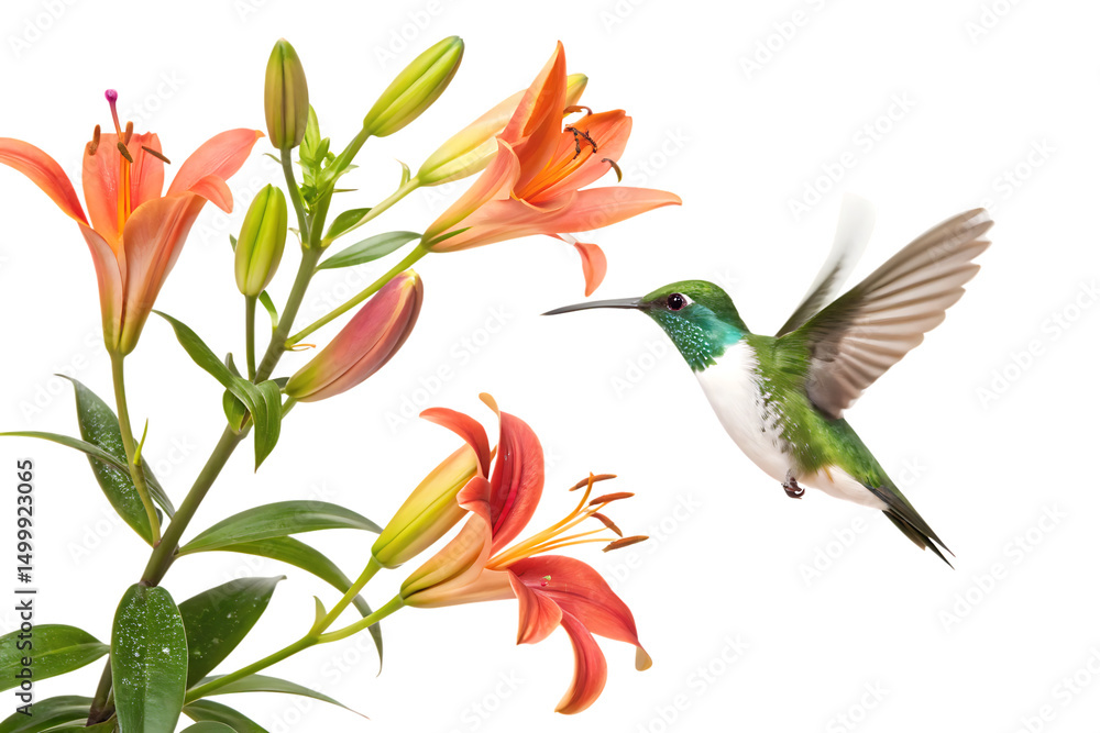 Obraz premium Green Hummingbird Hovering Near Orange Lilies on White Background