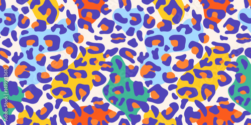 Leopard seamless pattern in vibrant pop-art colors. Trendy Abstract animal skin print featuring bold purple, green, blue, orange, and yellow spots. For kids and summer wear, and Y2K-style design.
