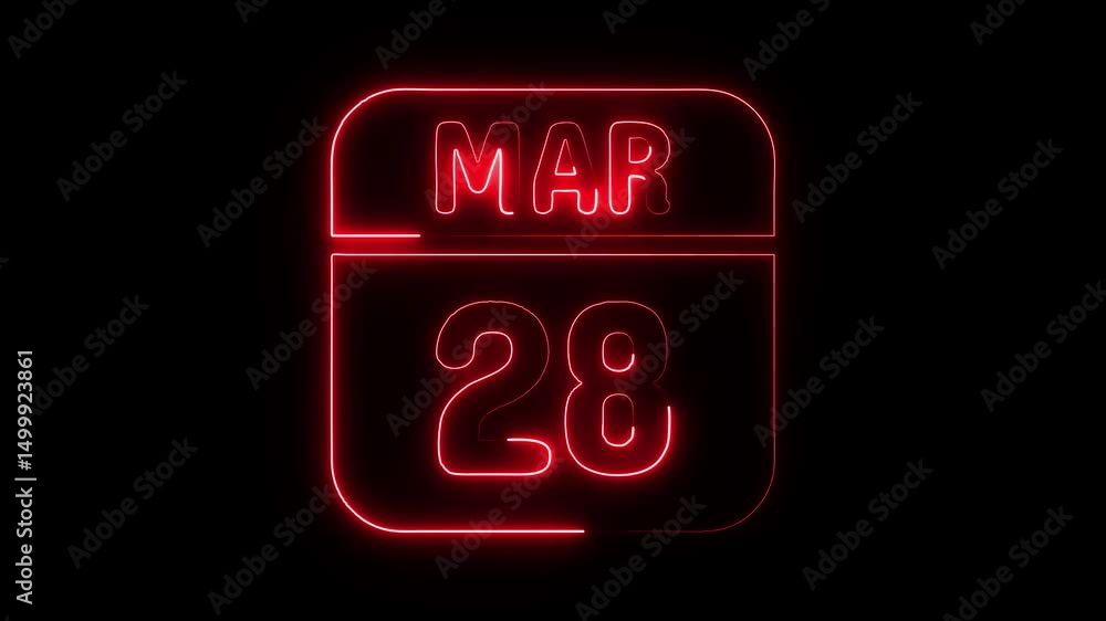 Glowing neon 28 march icon isolated on black background.a neon sign with a calendar that says Glowing neon 28 march icon isolated on black background.a neon sign with a calendar that says