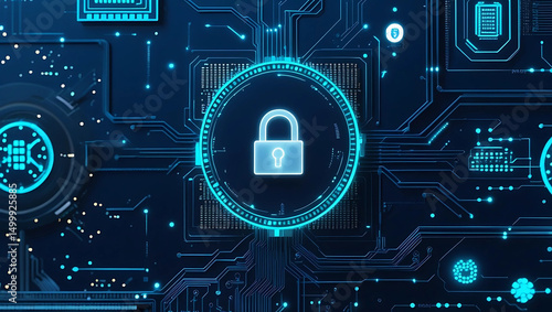 A futuristic digital background featuring a glowing white settings icon on a detailed circuit board. Neon blue lighting illuminates the scene, emphasizing cybersecurity elements. Dark navy tones domin