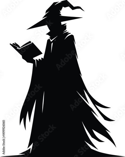 Mysterious wizard doing magic silhouette Vector Illustration isolated on a white background