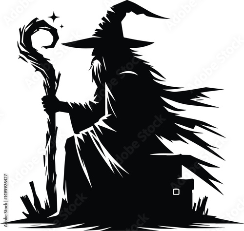 Mysterious wizard doing magic silhouette Vector Illustration isolated on a white background