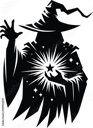 Mysterious wizard doing magic silhouette Vector Illustration isolated on a white background