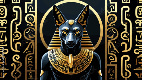 Stylized ancient Egyptian god Anubis portrayed with hieroglyphics and copy space