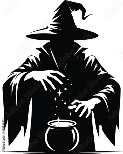 Mysterious wizard doing magic silhouette Vector Illustration isolated on a white background