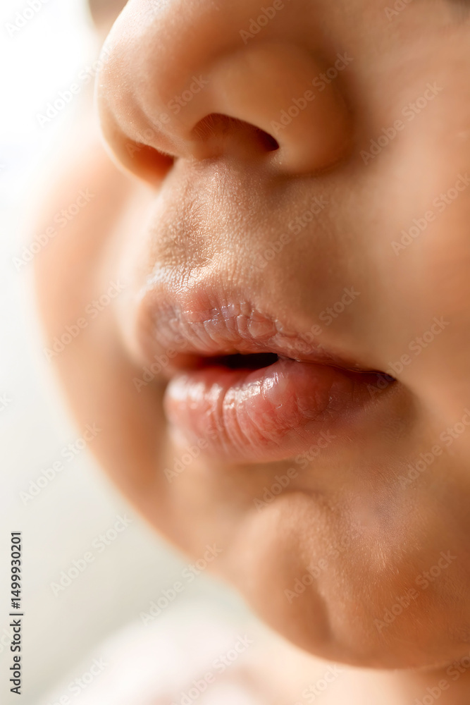 Obraz premium Macro Close-Up of Baby’s Lips and Nose in Warm Natural Light Highlighting Texture and Innocence