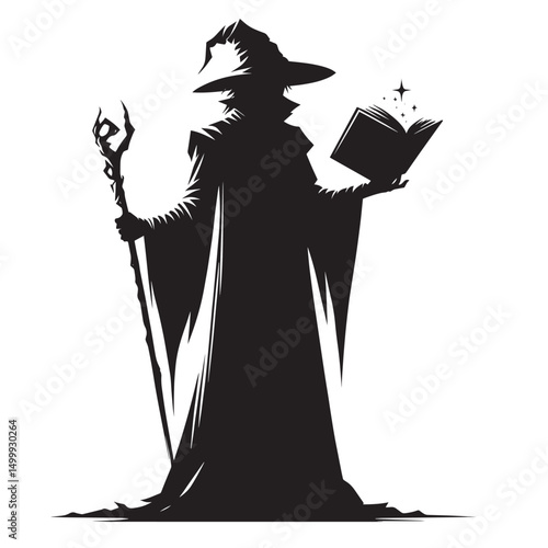 Mysterious wizard doing magic silhouette Vector Illustration isolated on a white background
