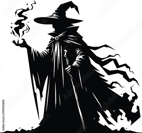 Mysterious wizard doing magic silhouette Vector Illustration isolated on a white background