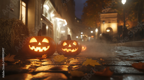 Fototapeta Naklejka Na Ścianę i Meble -  paris photograph cobblestone street streetlights lanterns