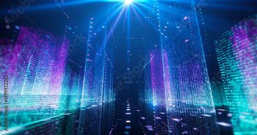 Digital smart city with lights and colorful buildings