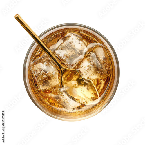 Overhead view of a cocktail being stirred with a golden stirrer on transparent background