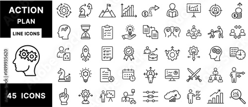 Action Plan Line Icons Set – Strategy, Planning, Goal Setting, Time Management, Execution, Leadership, Growth, Productivity, Task Management, Success