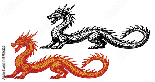 A black and red dragon is shown in two different positions. The black dragon is laying down, while the red dragon is standing up. The black dragon has a menacing look