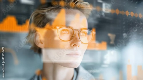 A thoughtful person wearing glasses looks ahead with digital data graphics reflected in the background.