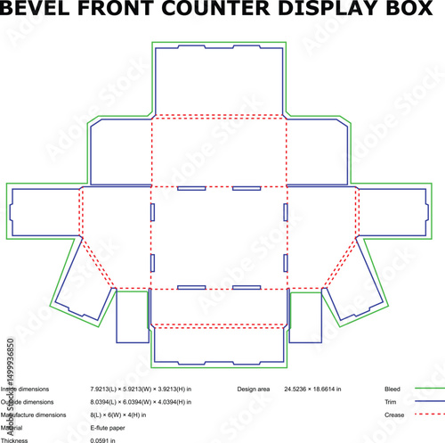 Bevel front counter display box template die cut design