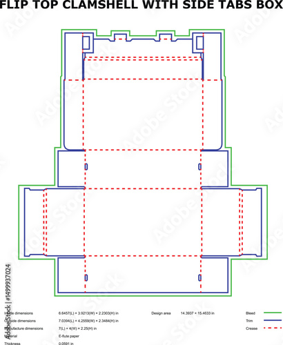 Flip top clamshell box packaging design template side tabs die-cut