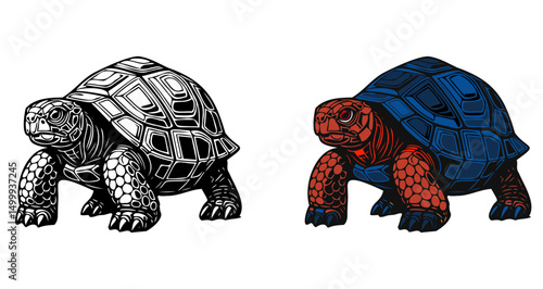 A turtle is shown in two different colors, one black and one red. The turtle is facing forward and he is looking at the camera. The two turtles are side by side, with the black turtle on the left