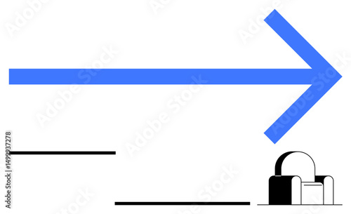 Blue arrow indicating direction paired with a minimalist armchair. Ideal for navigation, progress, goal setting, guidance, simplicity, interior, focus. Great for a clean simple landing page