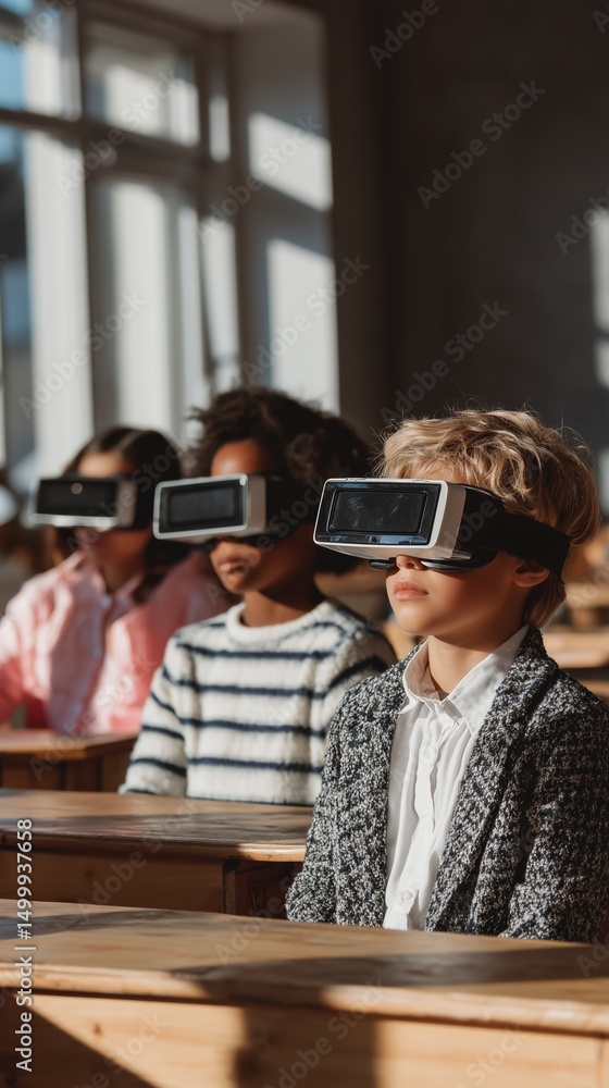 Fototapeta premium Children Using Virtual Reality Headsets in Modern Classroom for Interactive Learning