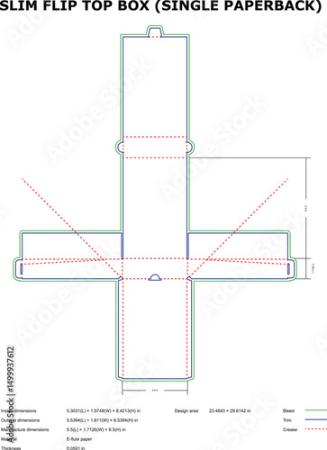 Slim flip top box single paperback die cut template