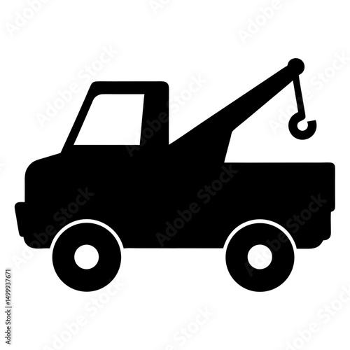 Silhouette illustration of tow truck with towing arm and hook for assistance