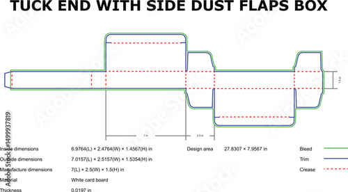 Tuck end box design with side dust flaps die-cut template