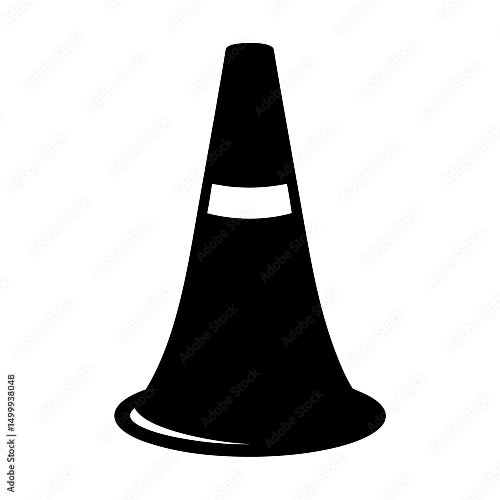 Simple black silhouette image of a traffic cone with a white stripe Simple black silhouette image of a traffic cone with a white stripe