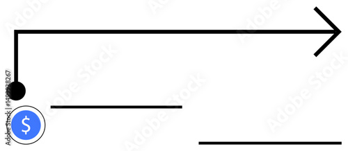 Black arrow starting at a filled circle near a dollar symbol and leading outward. Ideal for finance, growth, strategy, business direction, investment planning, goal representation, flat simple