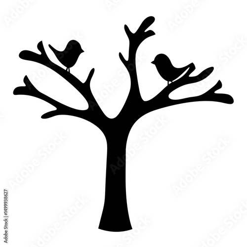 Silhouette of a whimsical tree with two birds perched on its branches