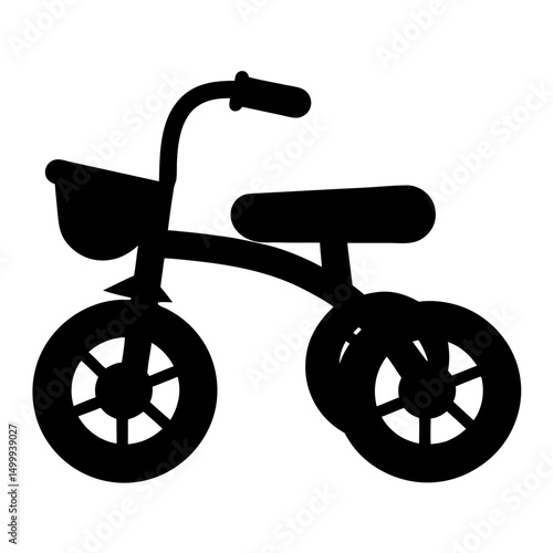 Simple silhouette of a child's tricycle with basket on white background