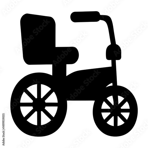 Simple black silhouette of a child's tricycle toy, isolated object