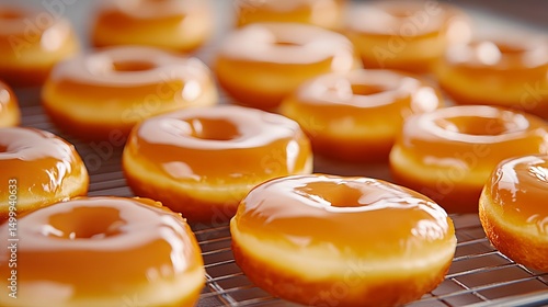 Donuts are displayed on a metal cooling rack with a glossy caramel glaze that covers each one evenly.