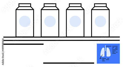 Four rectangular containers aligned on a shelf with a blue document featuring a lung icon and text. Ideal for healthcare, medicine, pharmacy, product design, research, packaging, medical landing