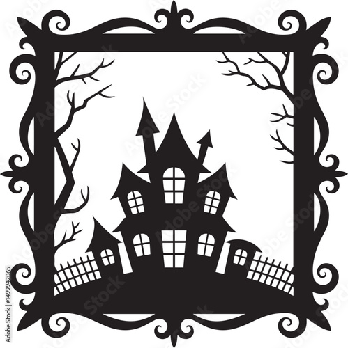 Halloween haunted house silhouette in ornate frame