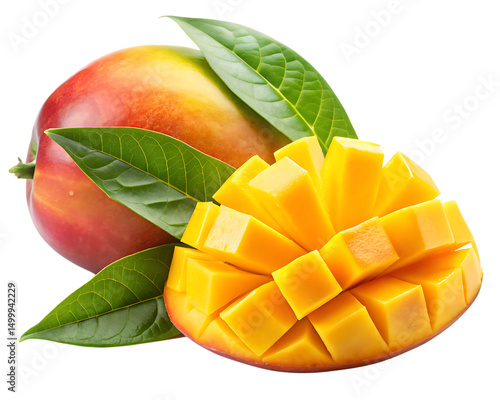 sliced piece of mango with leaves isolated on white background, PNG