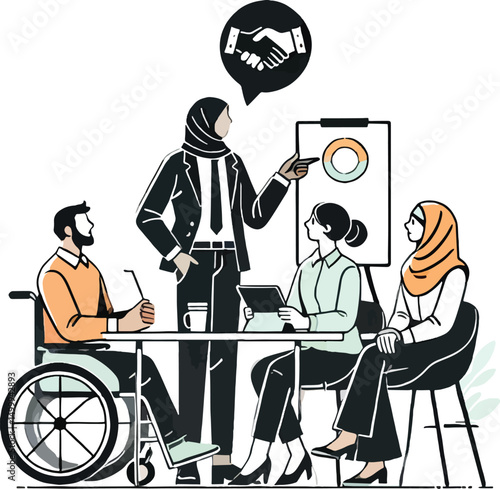 Diverse business team collaborating during a presentation illustrating corporate success and agreement