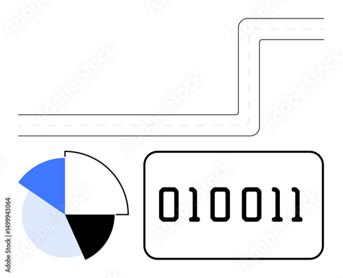 Pie chart and binary code rectangle connected by pathway, representing data flow, analytics, and digital processing. Ideal for technology, coding, business insights, statistics, research innovation