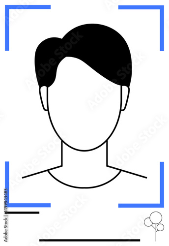 Simplified human face outline framed by blue geometric shapes and thin lines, with decorative accents. Ideal for identity, profiles, avatars, design concepts, creativity, minimalism, modern layout