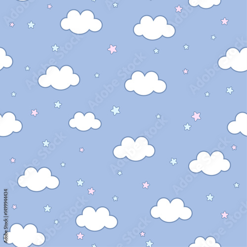 Seamless pattern with clouds and stars. Cute vector background. Texture for print, textile, fabric.