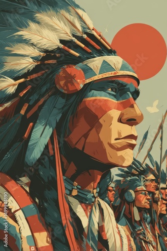 Stylized portrait of Native American chief, dramatic colors, vintage feel. Ideal for history, culture, heritage projects; websites, book covers, editorial.