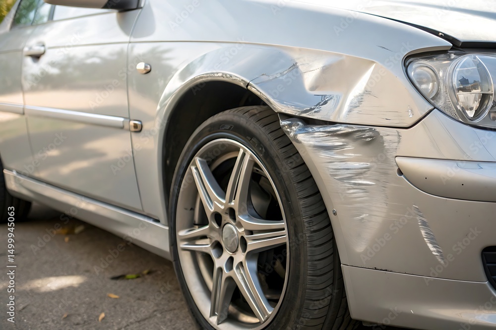 Damaged Silver Car Fender and Bumper Close-up Damaged Silver Car Fender and Bumper Close-up
