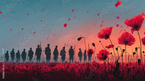 Silhouette of soldiers in a red poppy field at sunset. Remembrance, peace, and war themes. Ideal for memorial projects, websites, and prints.