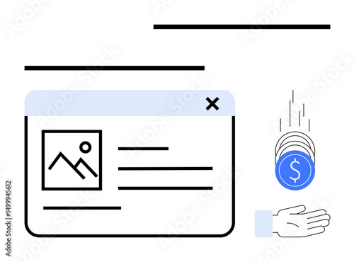 Browser window with content frame, image placeholder, and text. Coins dropping into extended hand. Ideal for finance, digital marketing, e-commerce, business, advertising online earning simple