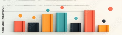 A colorful 3D bar chart with dotted line graphics and data points, representing analytics or statistical data visualization.